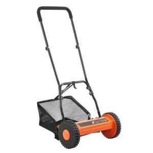 push reel lawn mower 14 inch, 5 blades manual push mower no motor, 0.6 1.75 in adjustable cutting height, walk behind lawn mowers with grass catcher bag for green lawns, driveways, courtyards