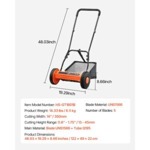 push reel lawn mower 14 inch, 5 blades manual push mower no motor, 0.6 1.75 in adjustable cutting height, walk behind lawn mowers with grass catcher bag for green lawns, driveways, courtyards