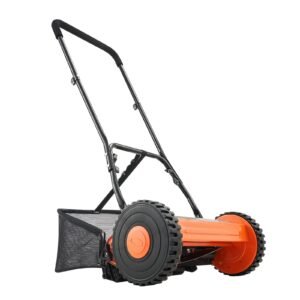 push reel lawn mower 16 inch, 5 blades manual push mower no motor, 0.6 1.75 in adjustable cutting height, walk behind lawn mowers with grass catcher bag for green lawns, driveways, courtyards