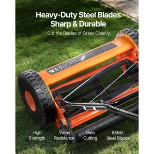 push reel lawn mower 16 inch, 5 blades manual push mower no motor, 0.6 1.75 in adjustable cutting height, walk behind lawn mowers with grass catcher bag for green lawns, driveways, courtyards