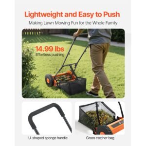 push reel lawn mower 16 inch, 5 blades manual push mower no motor, 0.6 1.75 in adjustable cutting height, walk behind lawn mowers with grass catcher bag for green lawns, driveways, courtyards