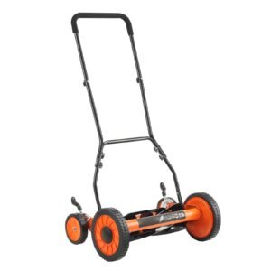 push reel lawn mower 18 inch, 5 blades manual push mower no motor, 1.37 2.44 in adjustable cutting height, walk behind lawn mowers with grass catcher bag for green lawns, driveways, courtyards