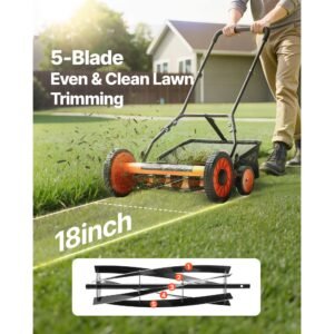 push reel lawn mower 18 inch, 5 blades manual push mower no motor, 1.37 2.44 in adjustable cutting height, walk behind lawn mowers with grass catcher bag for green lawns, driveways, courtyards