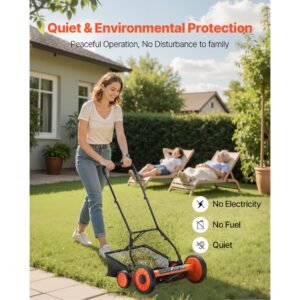 push reel lawn mower 18 inch, 5 blades manual push mower no motor, 1.37 2.44 in adjustable cutting height, walk behind lawn mowers with grass catcher bag for green lawns, driveways, courtyards