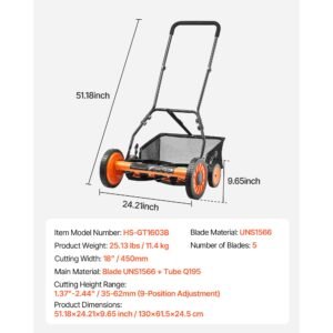push reel lawn mower 18 inch, 5 blades manual push mower no motor, 1.37 2.44 in adjustable cutting height, walk behind lawn mowers with grass catcher bag for green lawns, driveways, courtyards