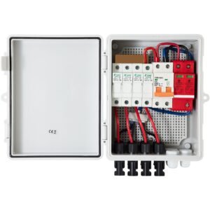 pv combiner box, 4 string with 15a rated current fuse, 63a circuit breaker, lightning arreste connector for on/off grid solar panel system, ip65