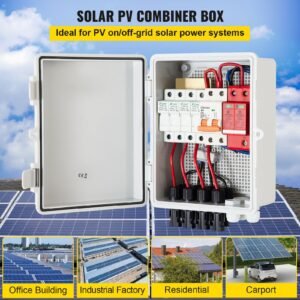 pv combiner box, 4 string with 15a rated current fuse, 63a circuit breaker, lightning arreste connector for on/off grid solar panel system, ip65