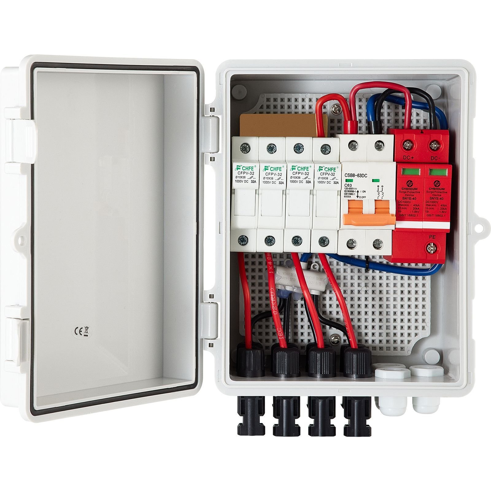 pv combiner box, 4 string with 15a rated current fuse, 63a circuit breaker, lightning arreste connector for on/off grid solar panel system, ip65