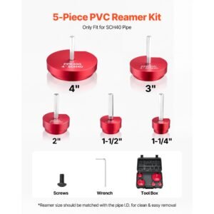 pvc pipe reamer kit, 5 piece, pvc fitting socket saver, includes 1 1/4", 1 1/2", 2", 3", 4", compatible with standard 1/2" drills, plumbing tool kit for sch40 abs cpvc vent drain water pipes