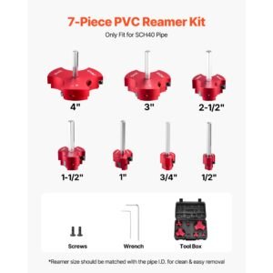 pvc pipe reamer kit, 7 piece, 3 blades pvc fitting socket saver, includes 1/2", 3/4", 1", 1 1/2", 2", 3", 4", fits standard 1/2" drills, plumbing tool kit for sch40 abs cpvc vent drain pipes
