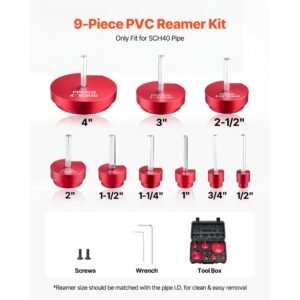 pvc pipe reamer kit, 9 piece, pvc fitting socket saver, includes 1/2", 3/4", 1", 1 1/4", 1 1/2", 2", 2 1/2", 3", 4", fits standard 1/2" drills, plumbing tool kit for sch40 abs cpvc drain pipes
