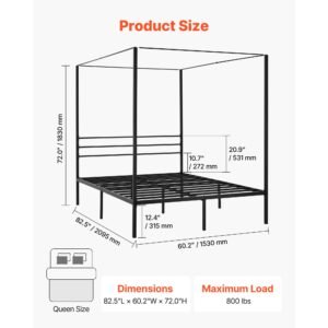 queen size canopy bed frame, metal canopy bed with four posters design, heavy duty steel slats support, underbed storage space, no box spring needed, easy assembly, black