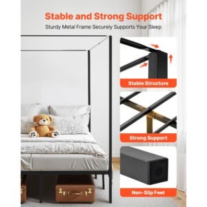 queen size canopy bed frame, metal canopy bed with four posters design, heavy duty steel slats support, underbed storage space, no box spring needed, easy assembly, black