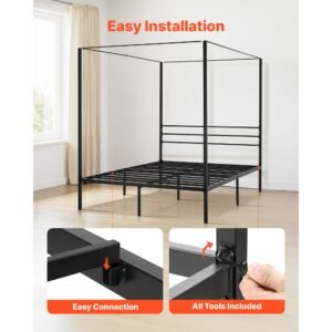 queen size canopy bed frame, metal canopy bed with four posters design, heavy duty steel slats support, underbed storage space, no box spring needed, easy assembly, black