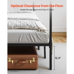 queen size canopy bed frame, metal canopy bed with four posters design, heavy duty steel slats support, underbed storage space, no box spring needed, easy assembly, black