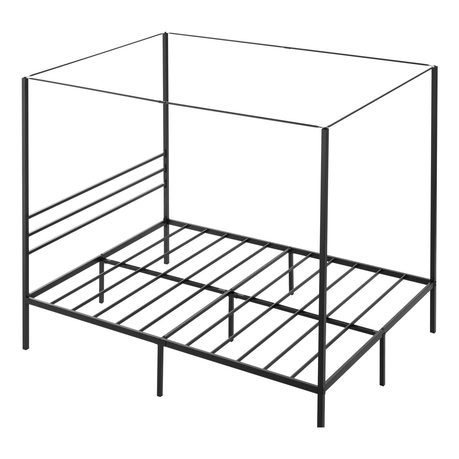 queen size canopy bed frame, metal canopy bed with four posters design, heavy duty steel slats support, underbed storage space, no box spring needed, easy assembly, black
