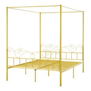 Queen Size Canopy Bed Frame, Metal Canopy Bed with Minimalist Headboard & Four Posters Design, Heavy Duty Steel Slats Support, Underbed Storage Space, No Box Spring Needed, Easy Assembly, Gold