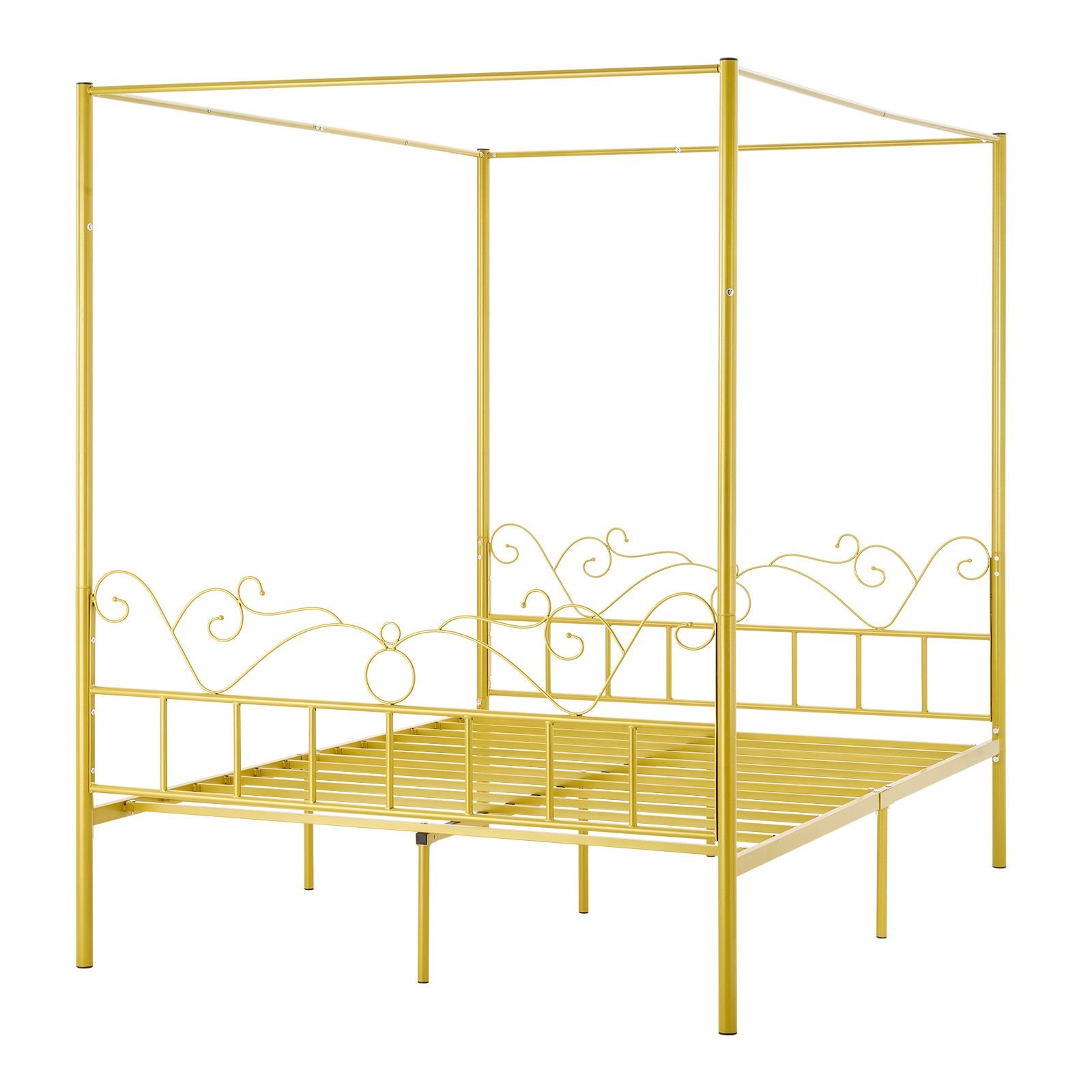 queen size canopy bed frame, metal canopy bed with minimalist headboard & four posters design, heavy duty steel slats support, underbed storage space, no box spring needed, easy assembly, gold
