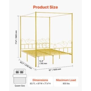 queen size canopy bed frame, metal canopy bed with minimalist headboard & four posters design, heavy duty steel slats support, underbed storage space, no box spring needed, easy assembly, gold