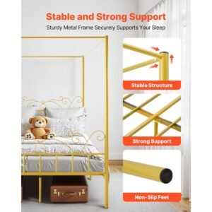 queen size canopy bed frame, metal canopy bed with minimalist headboard & four posters design, heavy duty steel slats support, underbed storage space, no box spring needed, easy assembly, gold