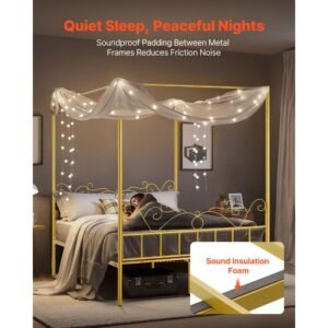 queen size canopy bed frame, metal canopy bed with minimalist headboard & four posters design, heavy duty steel slats support, underbed storage space, no box spring needed, easy assembly, gold
