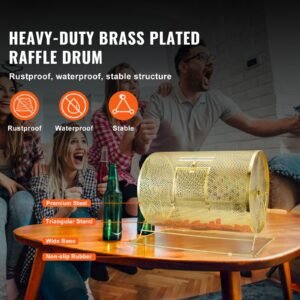 raffle drum,holds 10000 tickets or 300 ping pong balls, metal lottery spinning drawing with wooden turning handle, 14.8 x Ø21.26 inch brass plated raffle ticket spinning cage, for bingo ballot