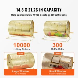 raffle drum,holds 10000 tickets or 300 ping pong balls, metal lottery spinning drawing with wooden turning handle, 14.8 x Ø21.26 inch brass plated raffle ticket spinning cage, for bingo ballot