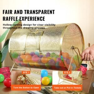 raffle drum,holds 10000 tickets or 300 ping pong balls, metal lottery spinning drawing with wooden turning handle, 14.8 x Ø21.26 inch brass plated raffle ticket spinning cage, for bingo ballot