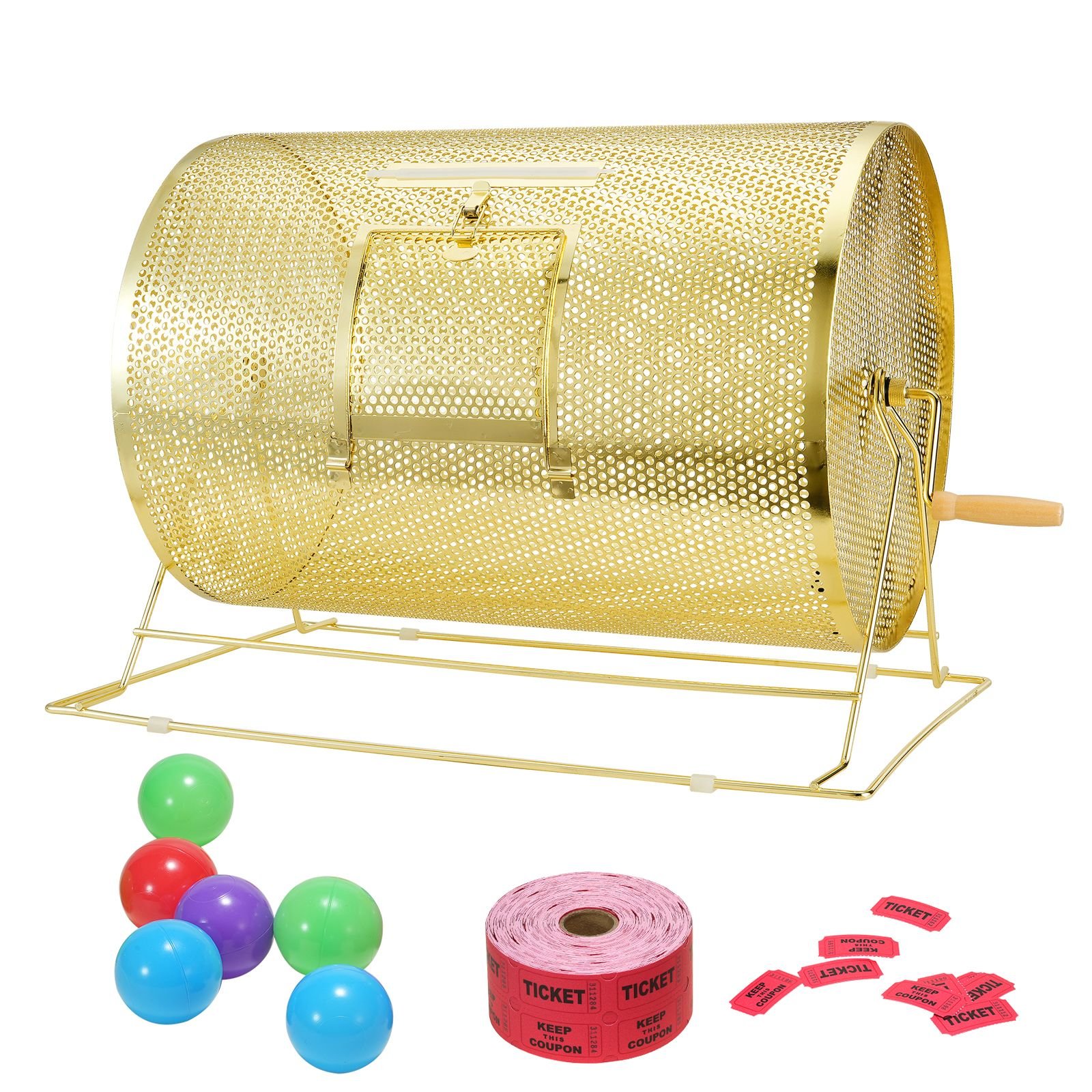 raffle drum,holds 10000 tickets or 300 ping pong balls, metal lottery spinning drawing with wooden turning handle, 14.8 x Ø21.26 inch brass plated raffle ticket spinning cage, for bingo ballot