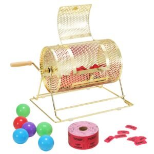 raffle drum,holds 2500 tickets or 100 ping pong balls, metal lottery spinning drawing with wooden turning handle,11.6 x Ø7.48 inch brass plated raffle ticket spinning cage, for bingo ballot pa
