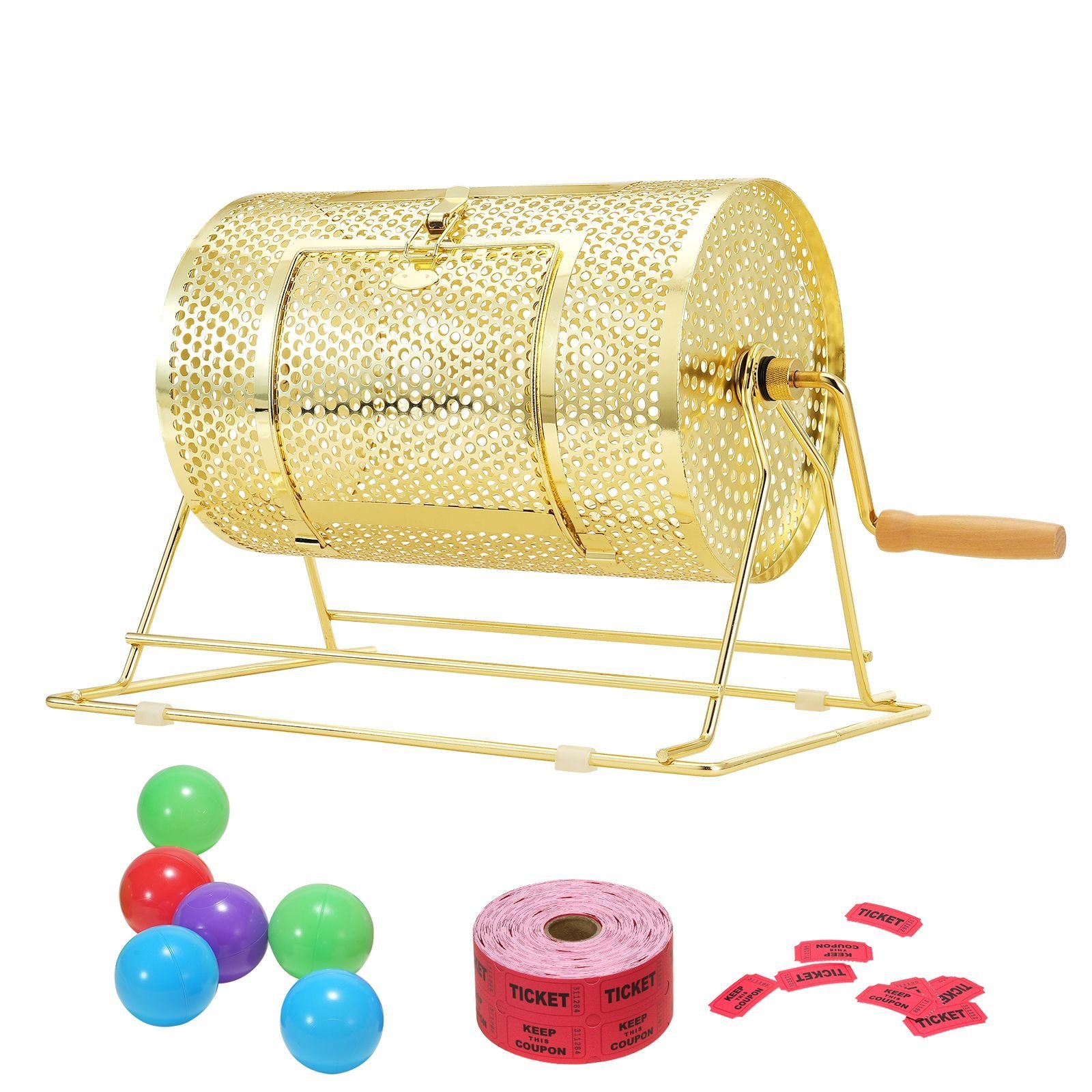 raffle drum,holds 2500 tickets or 100 ping pong balls, metal lottery spinning drawing with wooden turning handle,11.6 x Ø7.48 inch brass plated raffle ticket spinning cage, for bingo ballot pa