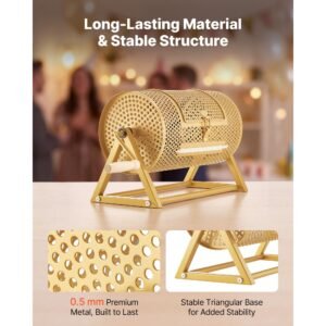 raffle ticket spinner, 11.6" x 6.6" holds 2500 tickets or 100 ping pong balls, raffle drum lottery spinning cage with reinforced handle, stable triangular stand, for events and gatherings, gold