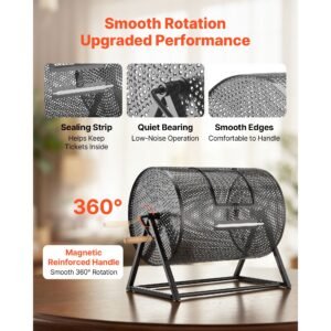 raffle ticket spinner, 16.1" x 11.9" holds 5000 tickets or 200 ping pong balls, raffle drum lottery spinning cage with reinforced handle, stable triangular stand, for events, gatherings, black