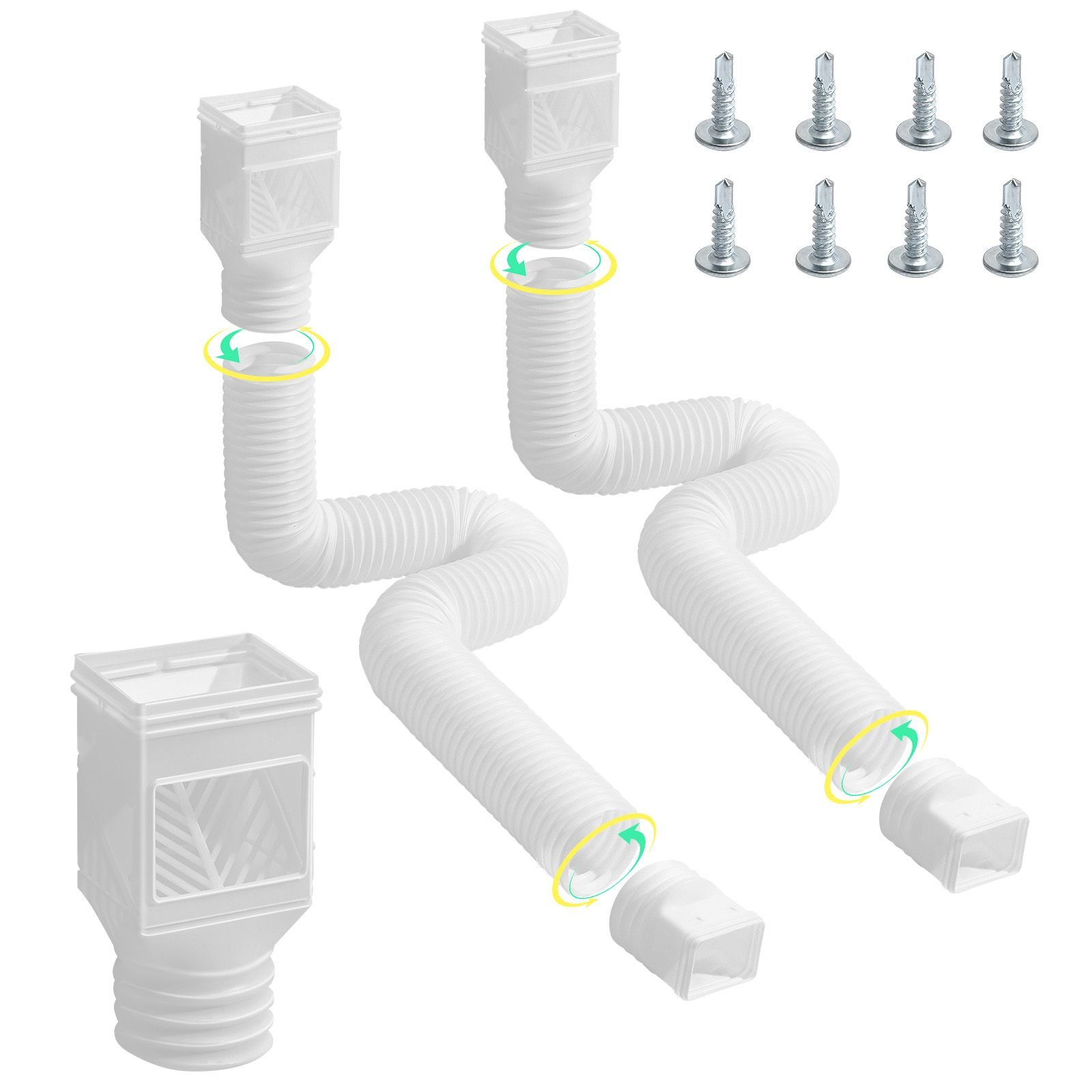 rain gutter downspout extensions, 2 pack flexible downspout extender, down spout drain extension extendable from 22" to 63", gutter extensions with adapters, for rainwater drainage, white