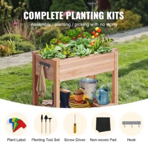 raised garden bed, 34 x 18 x 30 in wooden planter box, elevated outdoor planting boxes with legs, for growing flowers/vegetables/herbs in backyard/garden/patio/balcony, burlywood