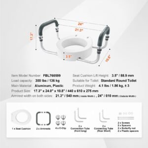 raised toilet seat, 3.5" height raised, 300 lbs weight capacity, for standard round toilet, aluminum handrail, with eva armrest padding, for elderly, handicap, patient, pregnant, medical