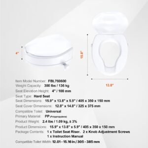 raised toilet seat, 4" height raised, 300 lbs weight capacity, universal toilet seat riser, screw rod locking, with toilet seat, for elderly, handicap, patient, pregnant, medical