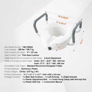 raised toilet seat, 5" height raised, 350 lbs weight capacity, for round and elongated toilet, twist lock installation,19.1" 21.7" adjustable width, for elderly, handicap, patient, pregnant, m