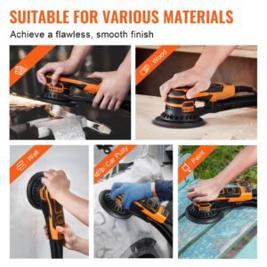 random orbital sander 6 inch, 350w brushless orbital sander, 10,000 prm 6 variable speed electric palm sander with 10pcs sandpapers, dust connector & hose for woodworking detailing sanding