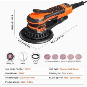 random orbital sander 6 inch, 350w brushless orbital sander, 10,000 prm 6 variable speed electric palm sander with 10pcs sandpapers, dust connector & hose for woodworking detailing sanding
