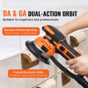 random orbital sander, 6 inch da & ga dual action orbital sander, 850w 7400prm 6 variable speed electric palm sander with 10pcs sandpapers, dust connector for woodworking detailing sanding