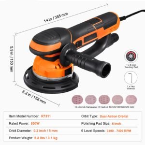 random orbital sander, 6 inch da & ga dual action orbital sander, 850w 7400prm 6 variable speed electric palm sander with 10pcs sandpapers, dust connector for woodworking detailing sanding