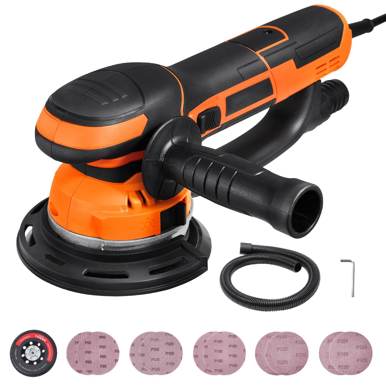 random orbital sander, 6 inch da & ga dual action orbital sander, 850w 7400prm 6 variable speed electric palm sander with 10pcs sandpapers, dust connector for woodworking detailing sanding