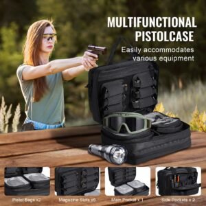 range bag for 2 pistols, tactical gun bag with 2 built in removable pistol bags & 6 detachable magazines, gun range bag for outdoor hunting shooting, lockable carrying handgun bag case, black