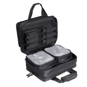 range bag for 2 pistols, tactical gun bag with 2 built in removable pistol bags & 6 detachable magazines, gun range bag for outdoor hunting shooting, lockable carrying handgun bag case, black