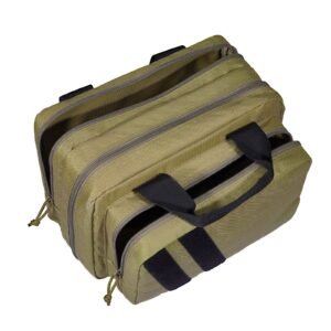 range bag for 2 pistols, tactical gun bag with 2 built in removable pistol bags & 6 detachable magazines, gun range bag for outdoor hunting shooting, lockable carrying handgun bag case, brown