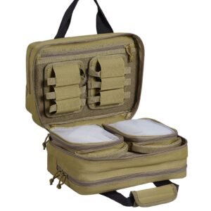 range bag for 2 pistols, tactical gun bag with 2 built in removable pistol bags & 6 detachable magazines, gun range bag for outdoor hunting shooting, lockable carrying handgun bag case, brown