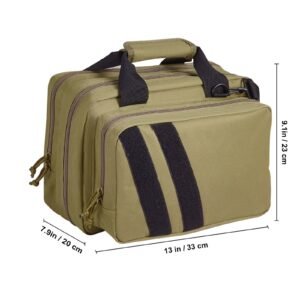 range bag for 2 pistols, tactical gun bag with 2 built in removable pistol bags & 6 detachable magazines, gun range bag for outdoor hunting shooting, lockable carrying handgun bag case, brown