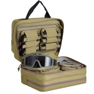range bag for 2 pistols, tactical gun bag with 2 built in removable pistol bags & 6 detachable magazines, gun range bag for outdoor hunting shooting, lockable carrying handgun bag case, brown