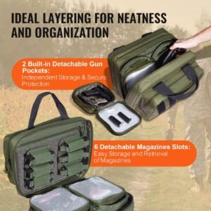 range bag for 2 pistols, tactical gun bag with 2 built in removable pistol bags & 6 detachable magazines, gun range bag for outdoor hunting shooting, lockable carrying handgun bag case, green